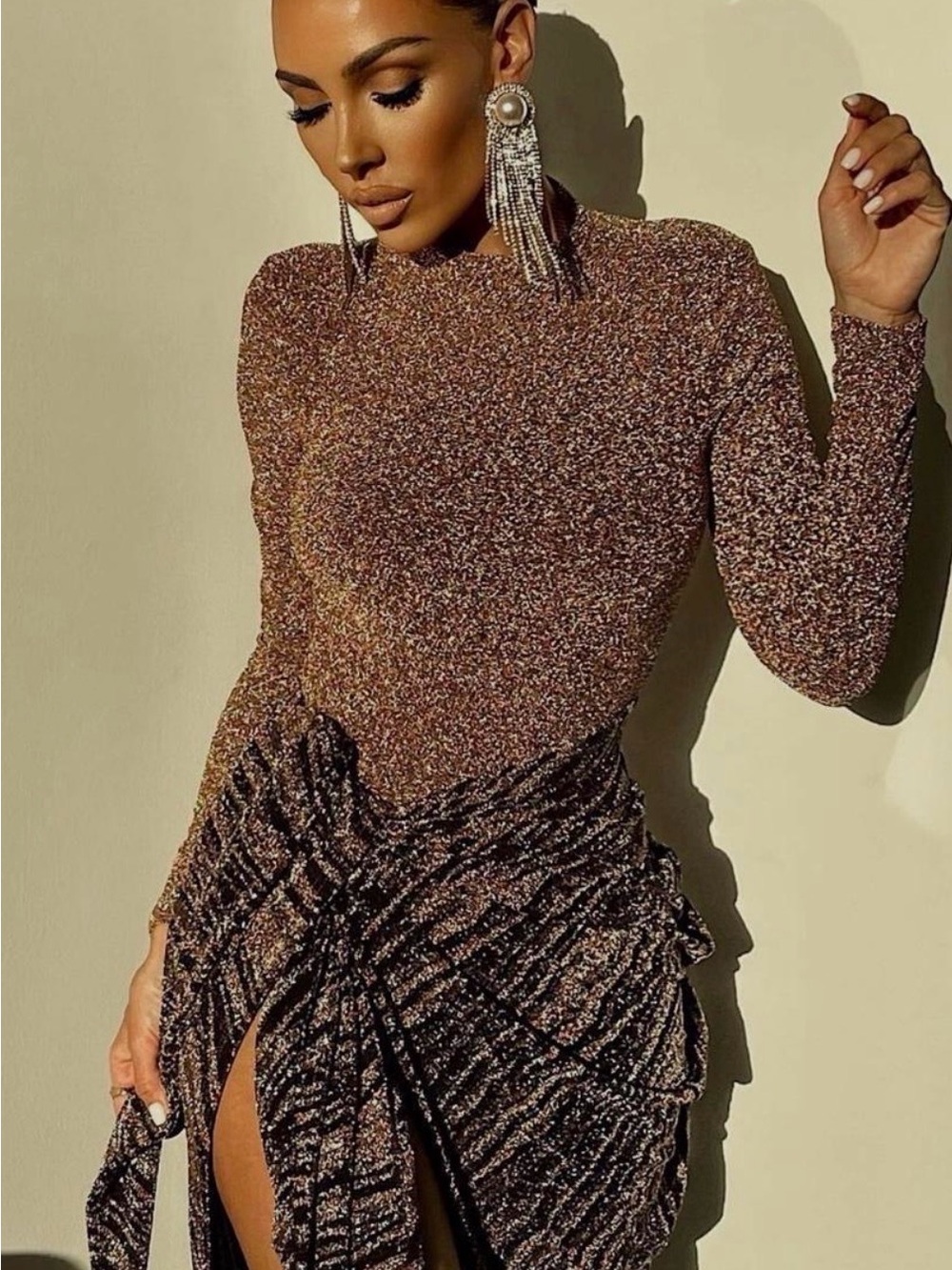 JLUXLABEL Metallic Bronze Long-Sleeve Ruched Midi Dress - Picture 2 of 4